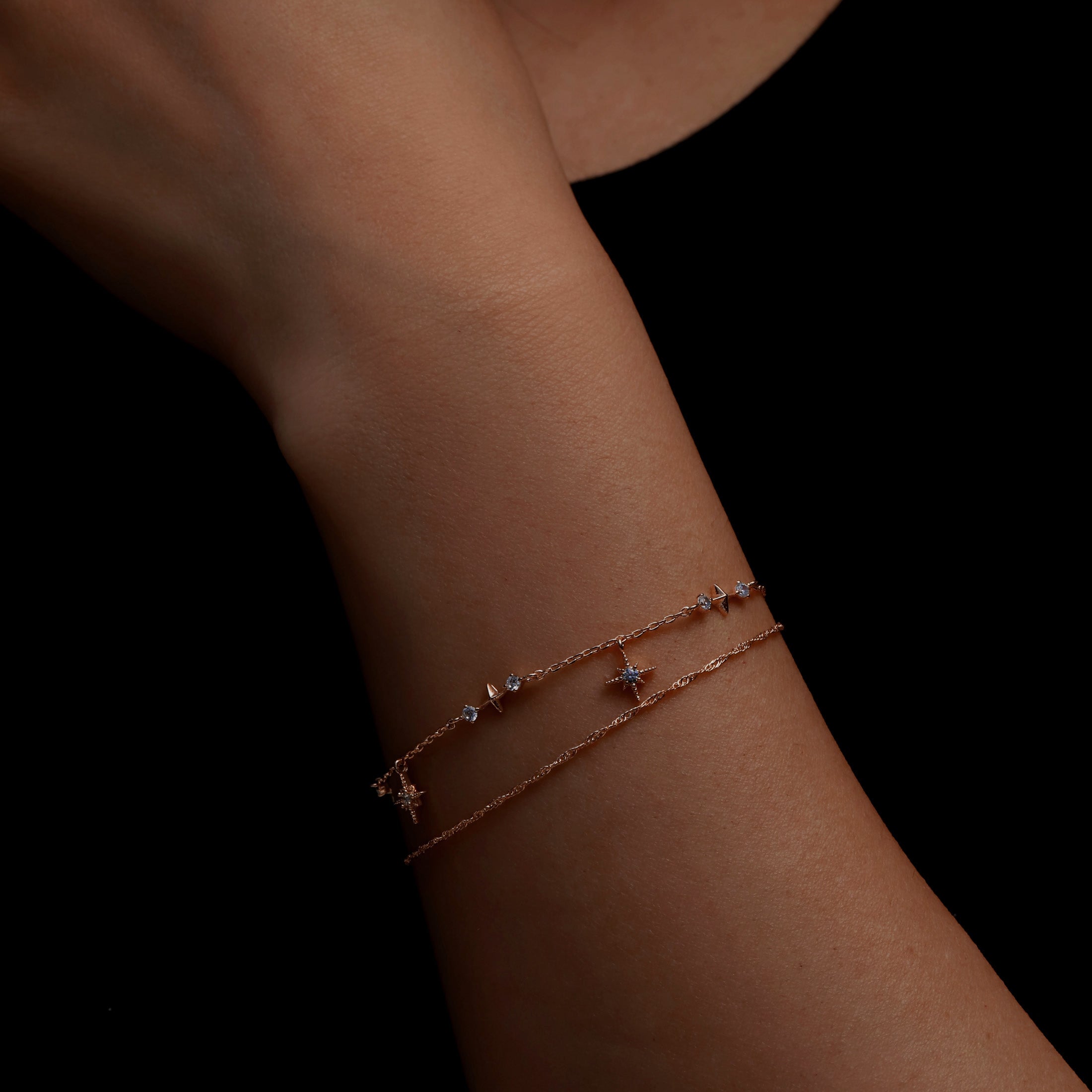 Nova Double Chain Stars & Gemstone Bracelet On Model - Rose Gold