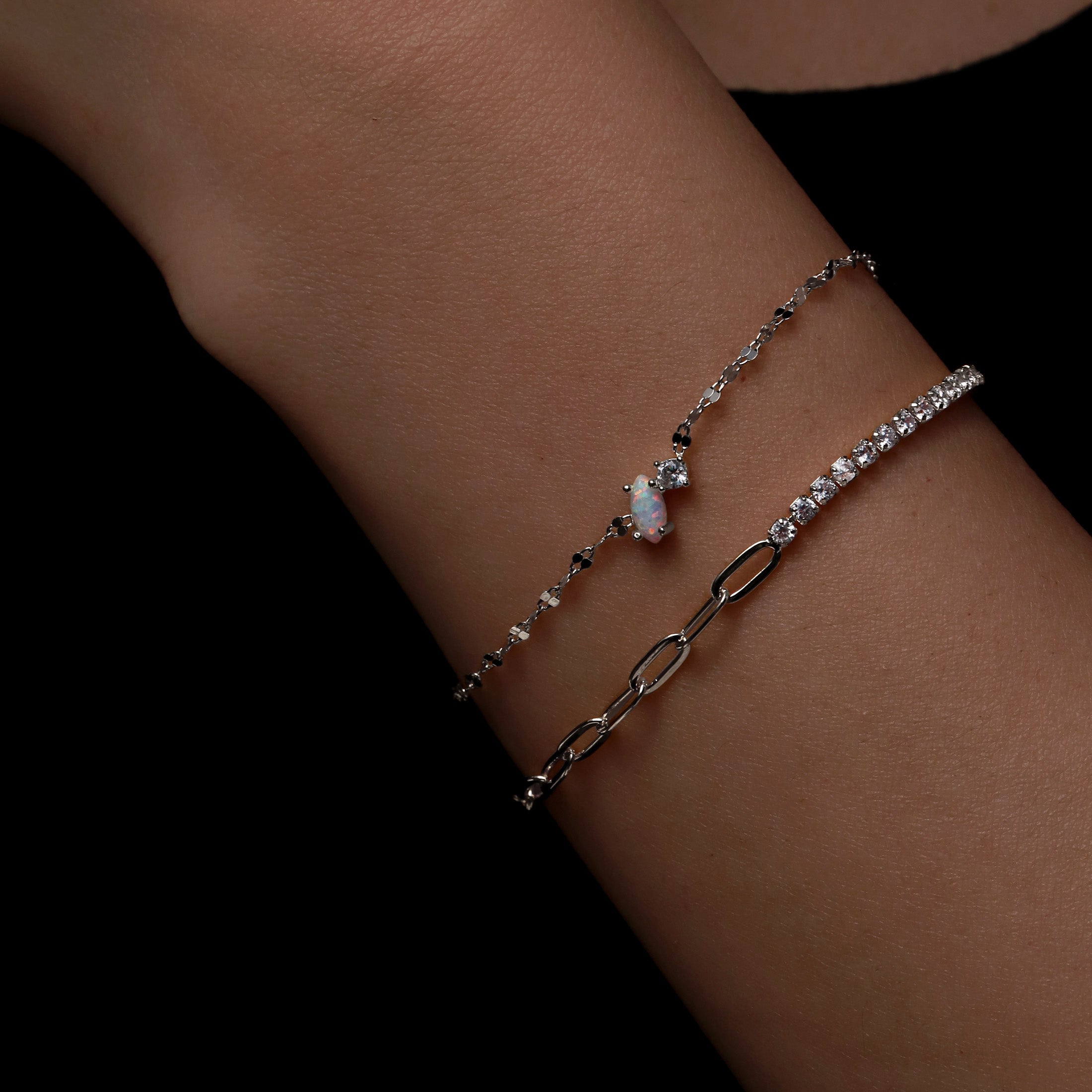 Oasis Opal & Gemstone Fine Marina Chain Bracelet On Model 2 - Silver