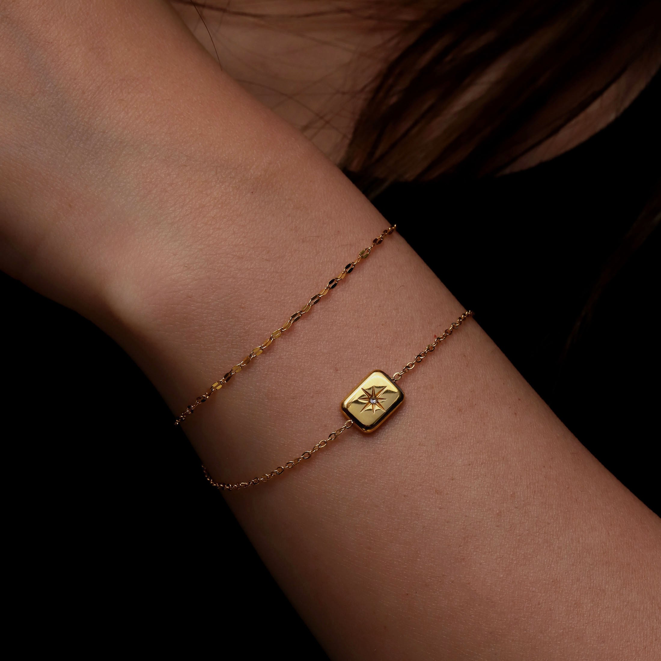 Oracle Double Chain Star Rectangle Pendant Bracelet On Model 2 - Gold