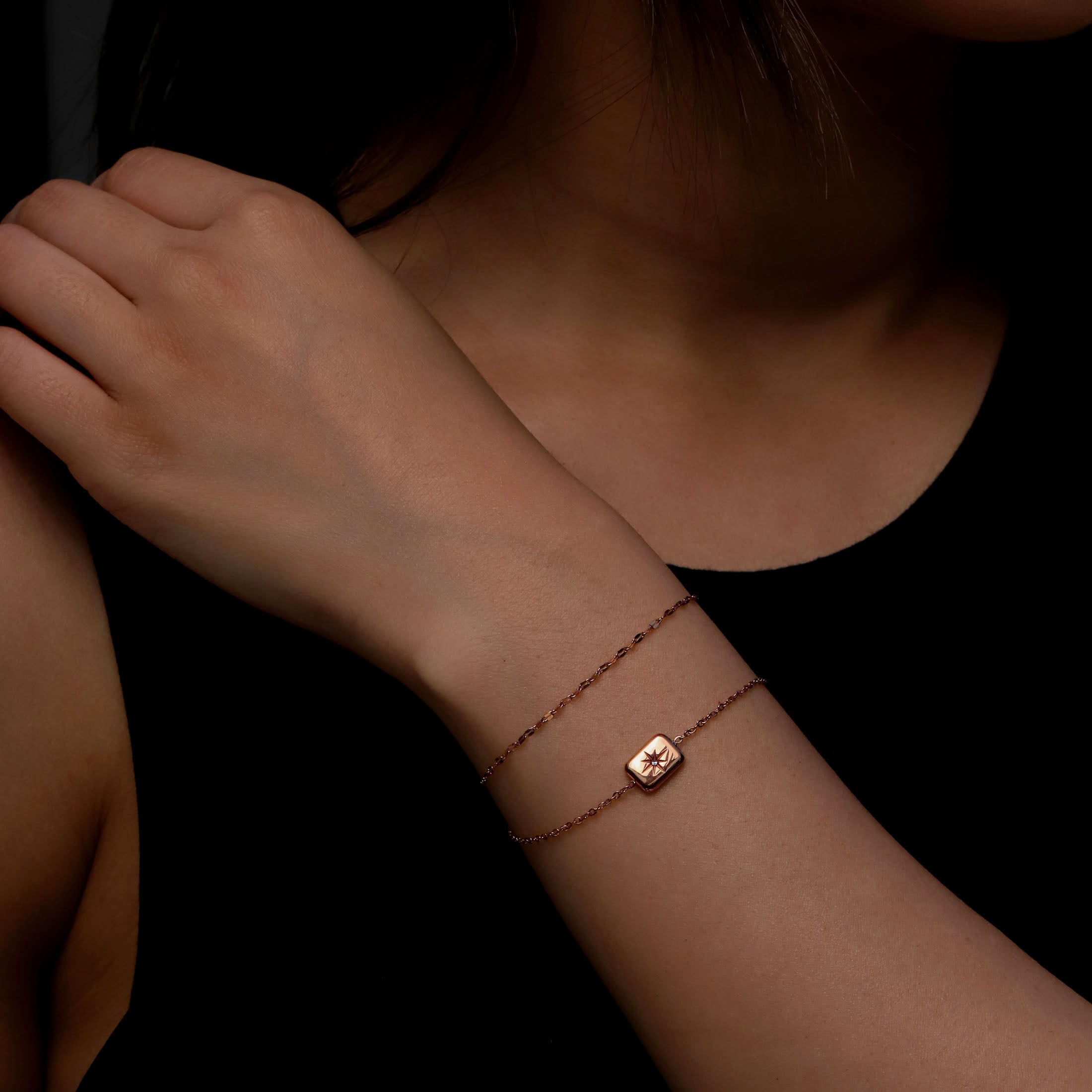Oracle Double Chain Star Rectangle Pendant Bracelet On Model - Rose Gold