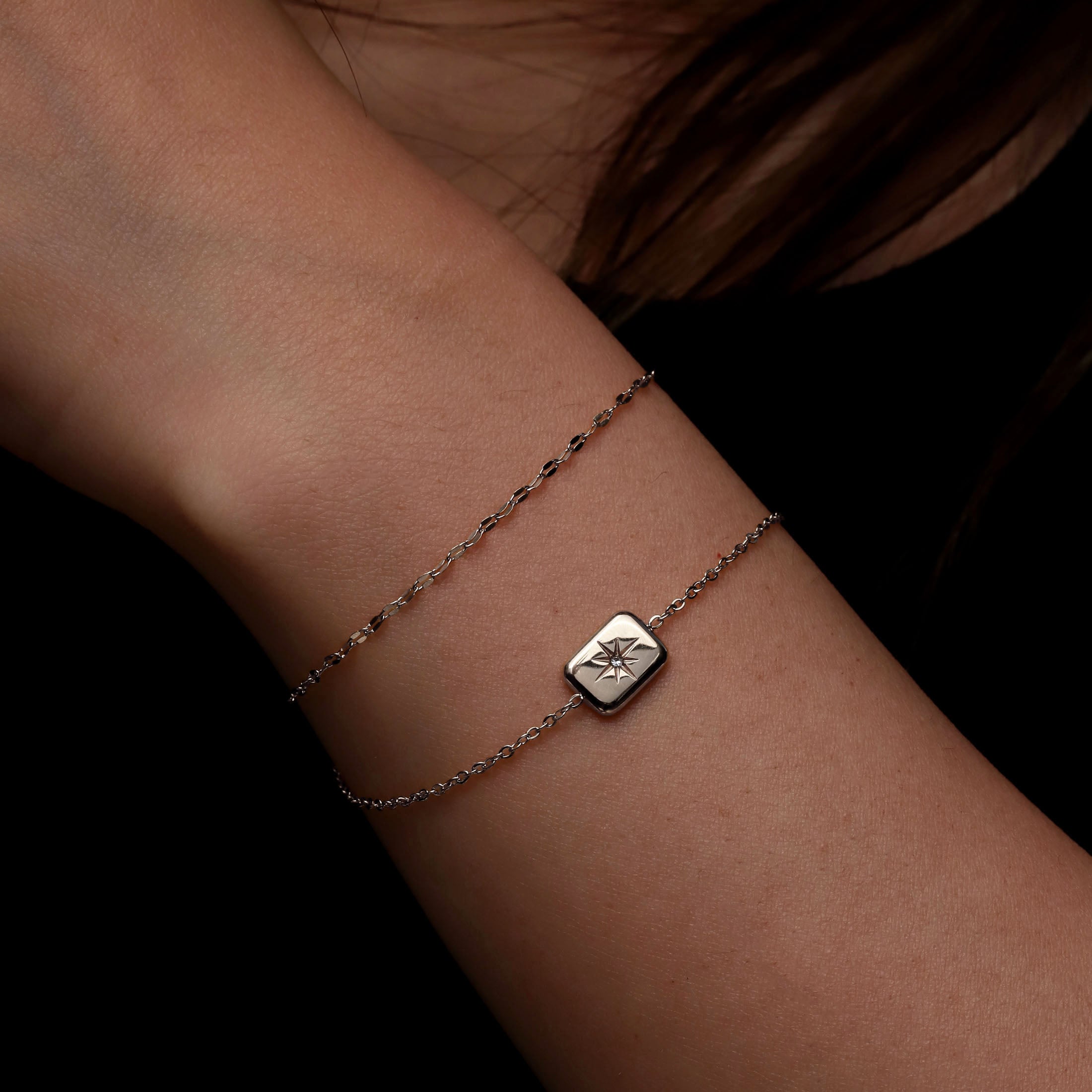 Oracle Double Chain Star Rectangle Pendant Bracelet On Model 2 - Silver
