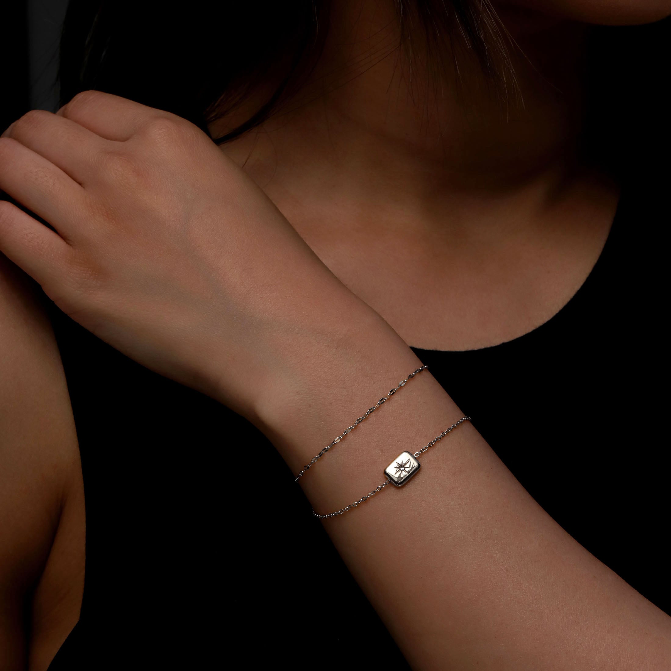 Oracle Double Chain Star Rectangle Pendant Bracelet On Model - Silver