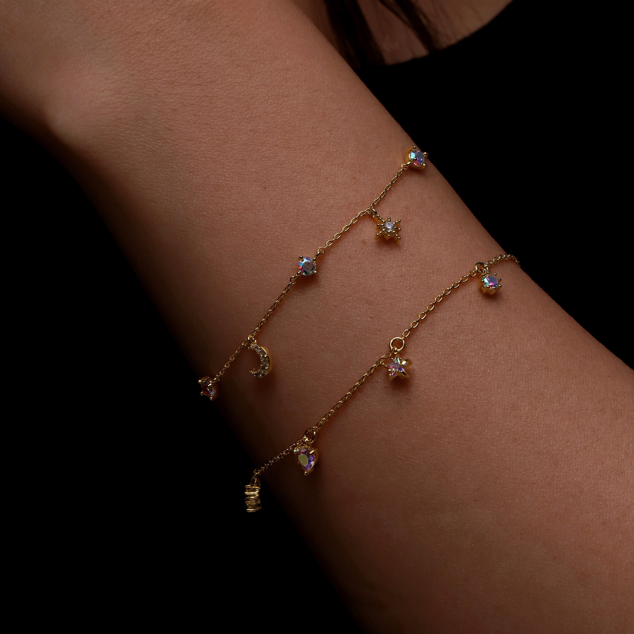 Lunette Moon & Star Gemstone Charm Bracelet On Model 2 - Gold
