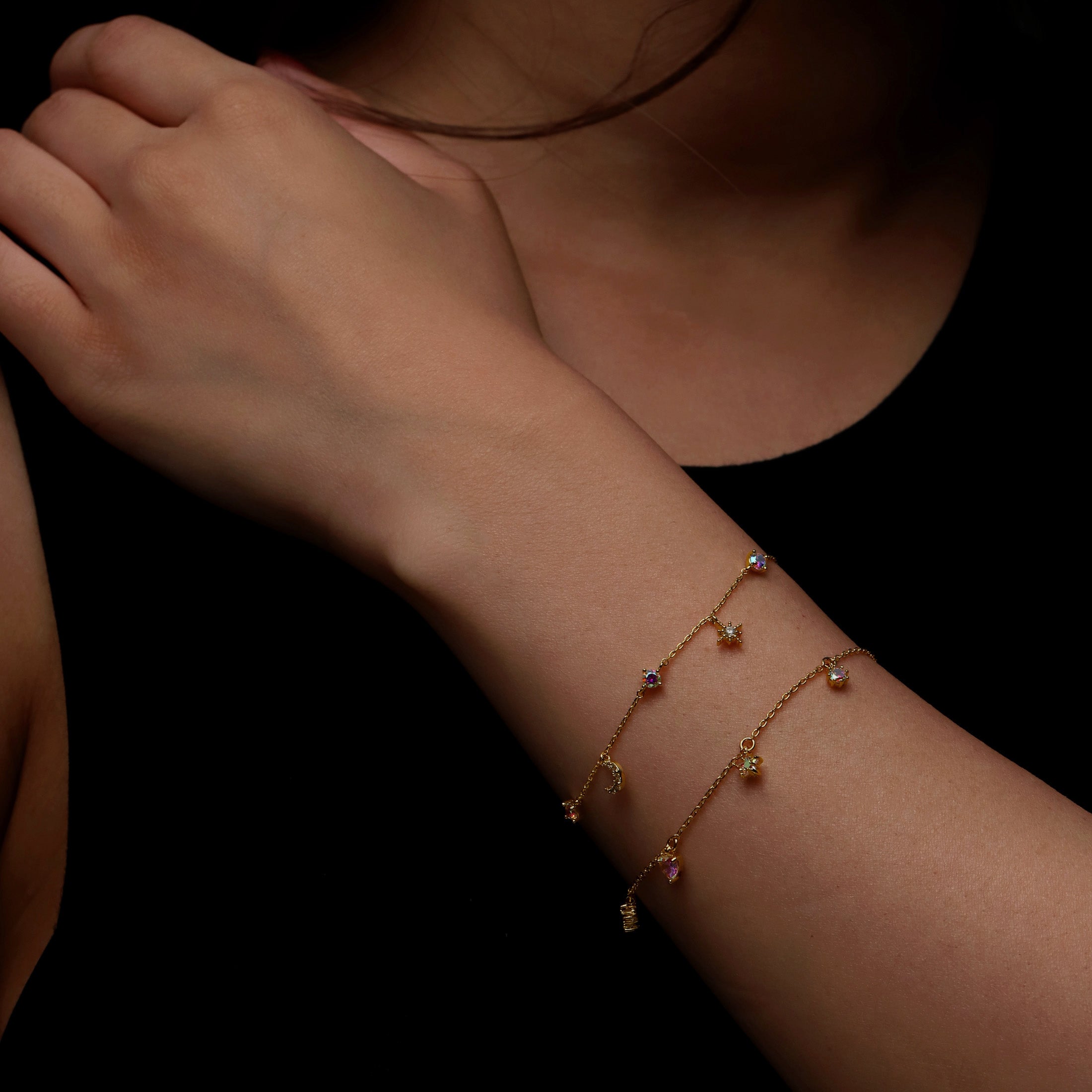 Lunette Moon & Star Gemstone Charm Bracelet On Model - Gold