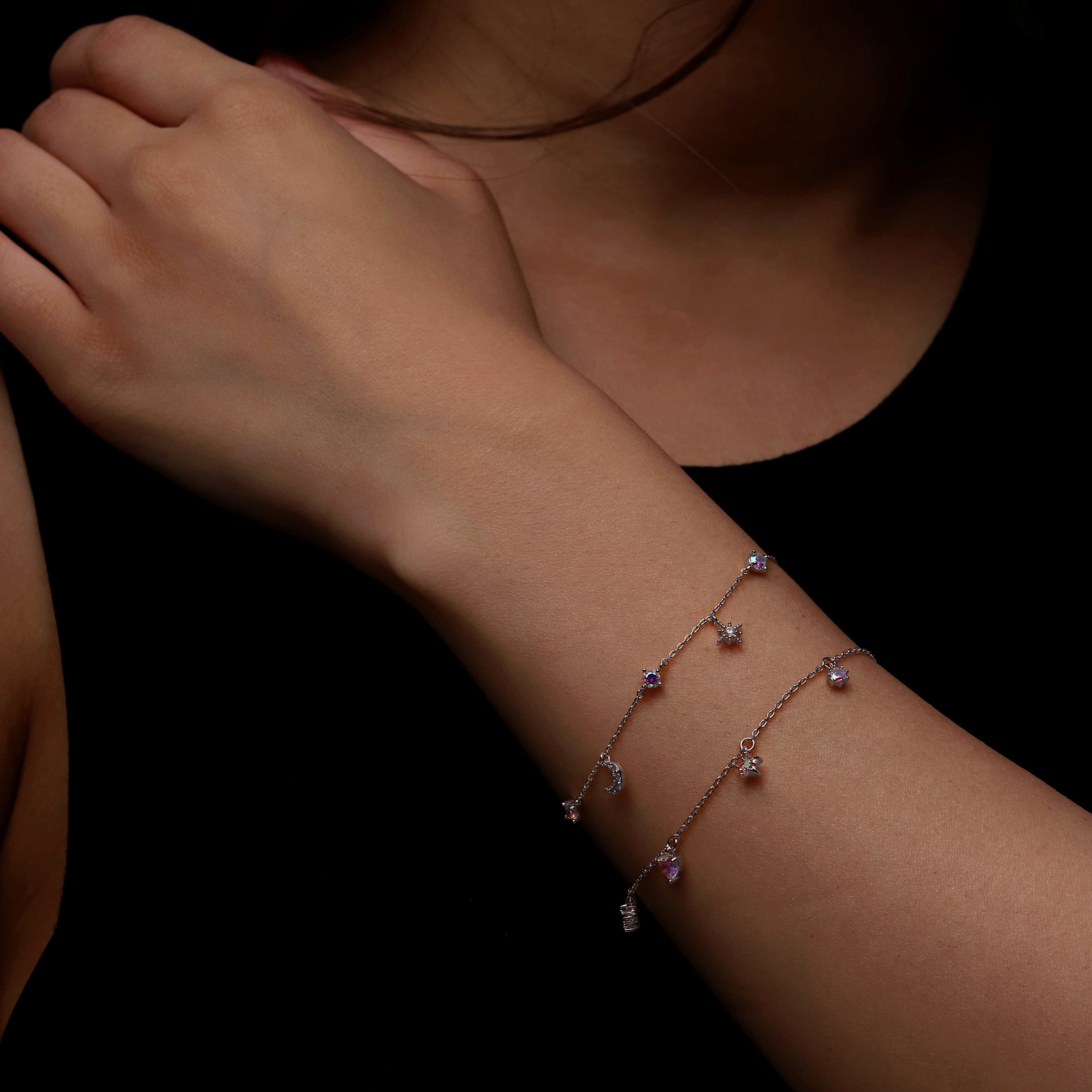 Lunette Moon & Star Gemstone Charm Bracelet On Model - Silver